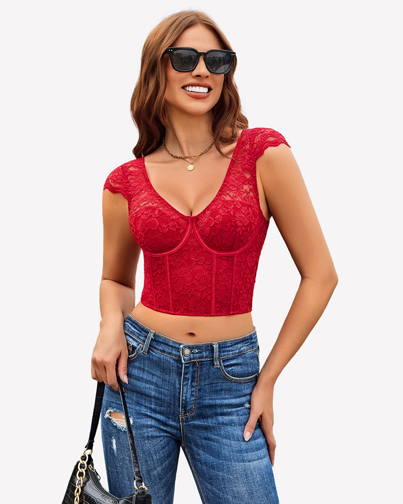 FLace Bustier Cap Sleeve Crop Top