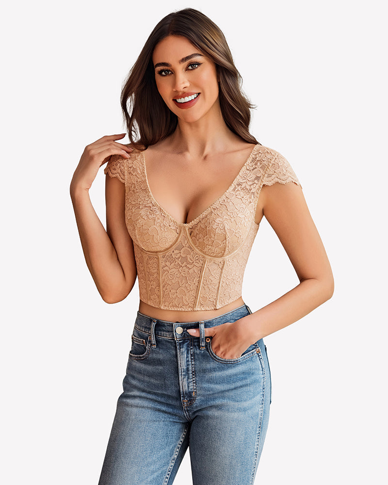 FLace Bustier Cap Sleeve Crop Top