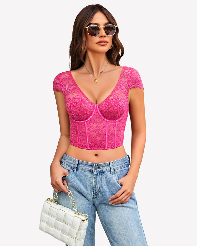 FLace Bustier Cap Sleeve Crop Top