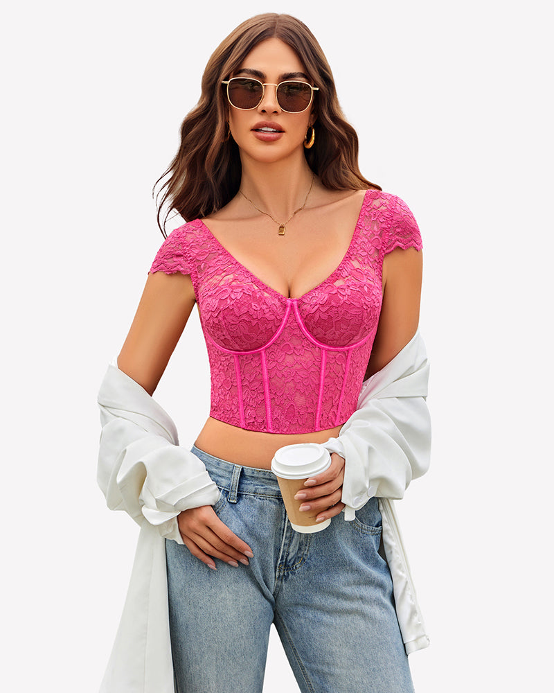 FLace Bustier Cap Sleeve Crop Top
