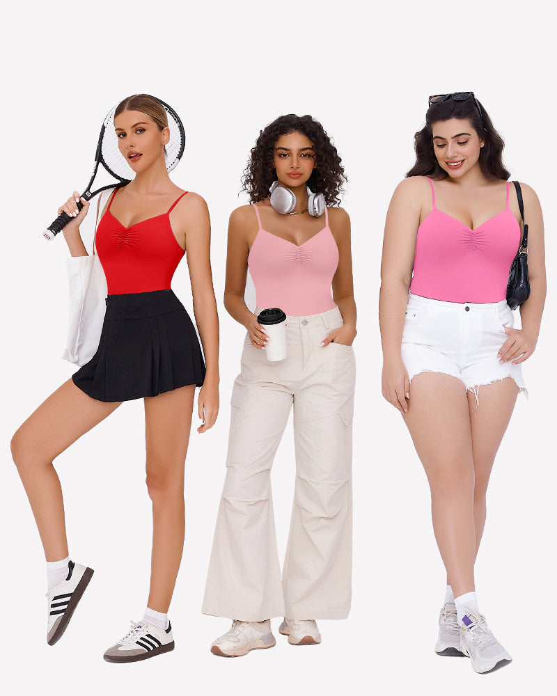 Ruched V Neck Thong Bodysuit