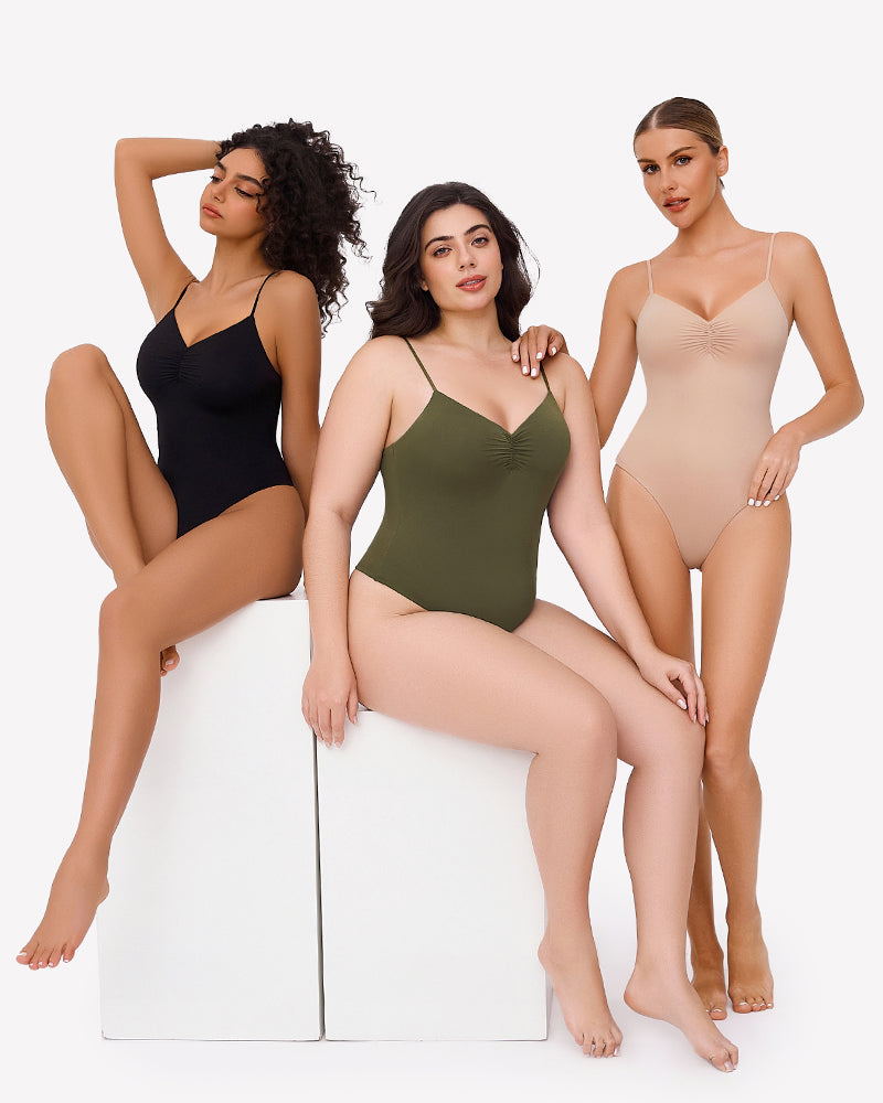 Ruched V Neck Thong Bodysuit