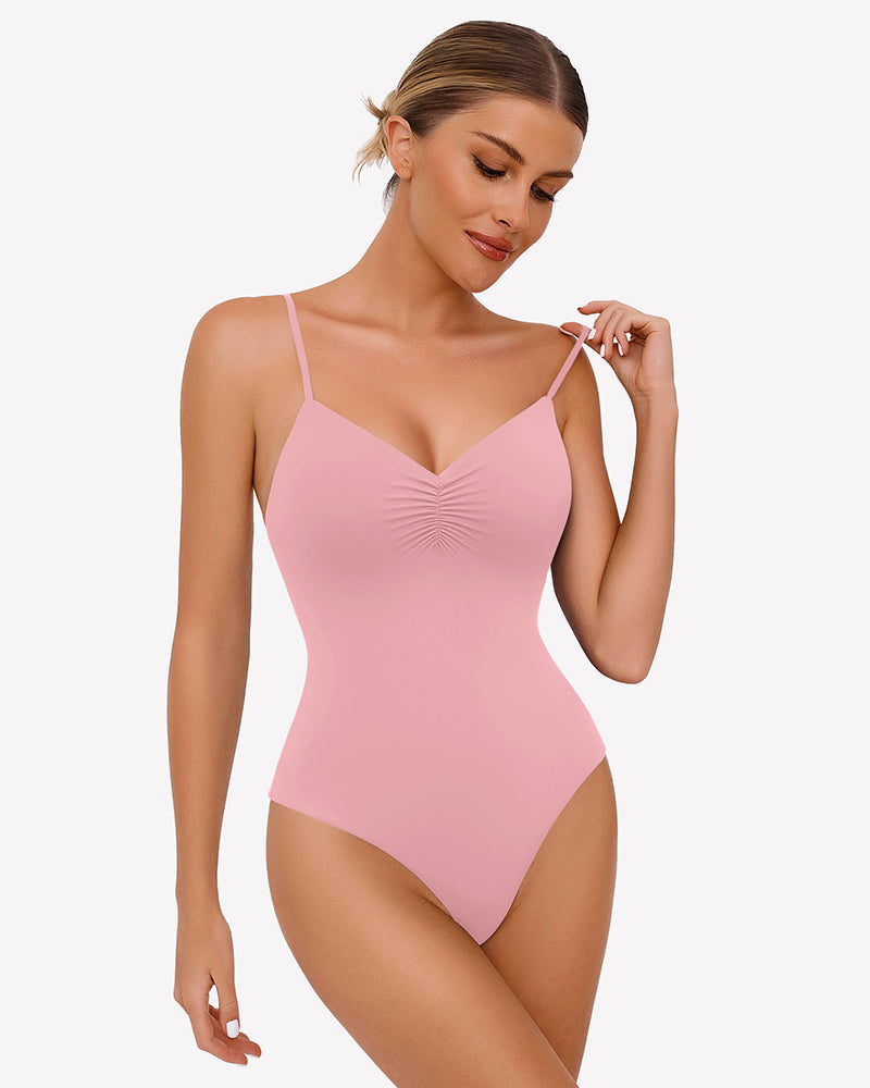 Ruched V Neck Thong Bodysuit