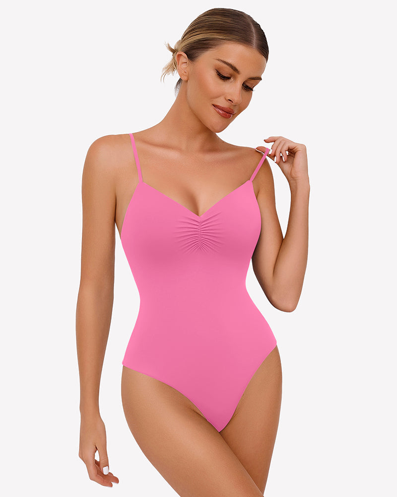 Ruched V Neck Thong Bodysuit