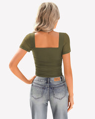 Sheer Mesh Short Sleeve Ruched Tops