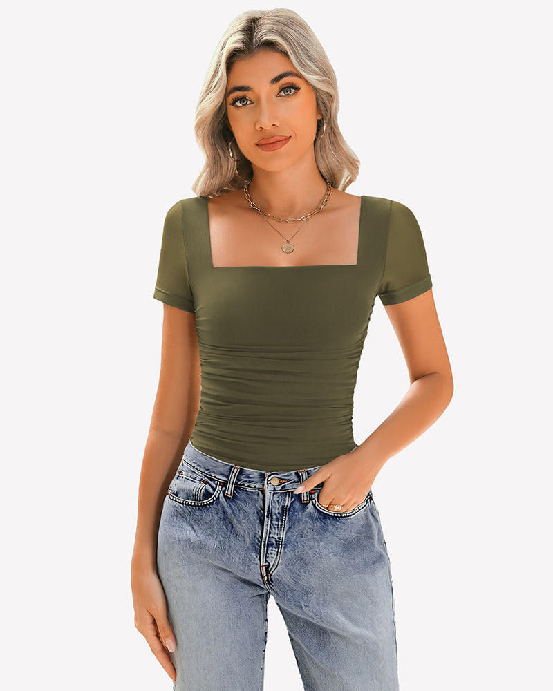 Sheer Mesh Short Sleeve Ruched Tops