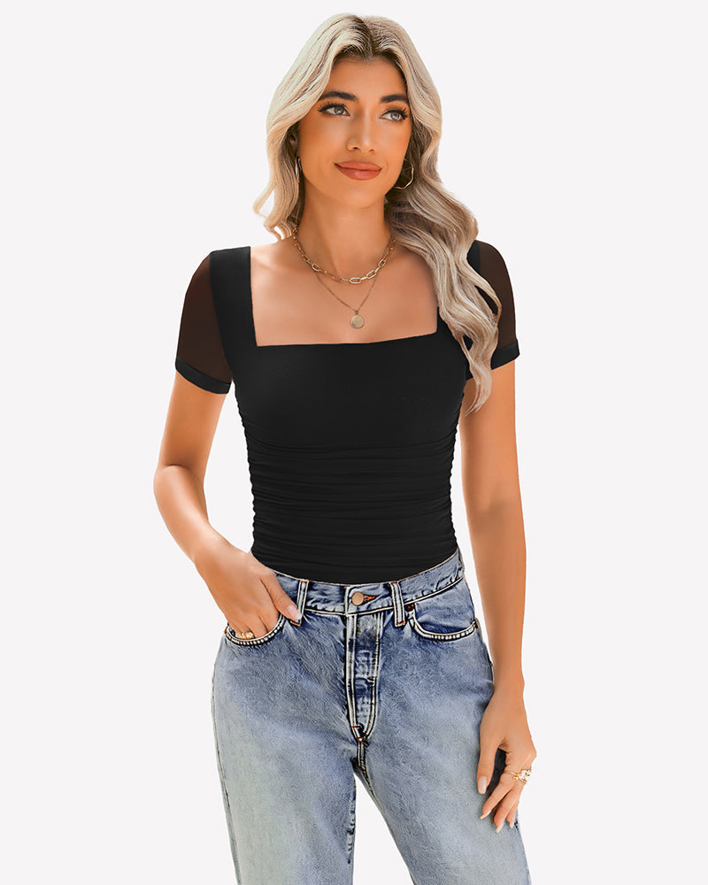Sheer Mesh Short Sleeve Ruched Tops