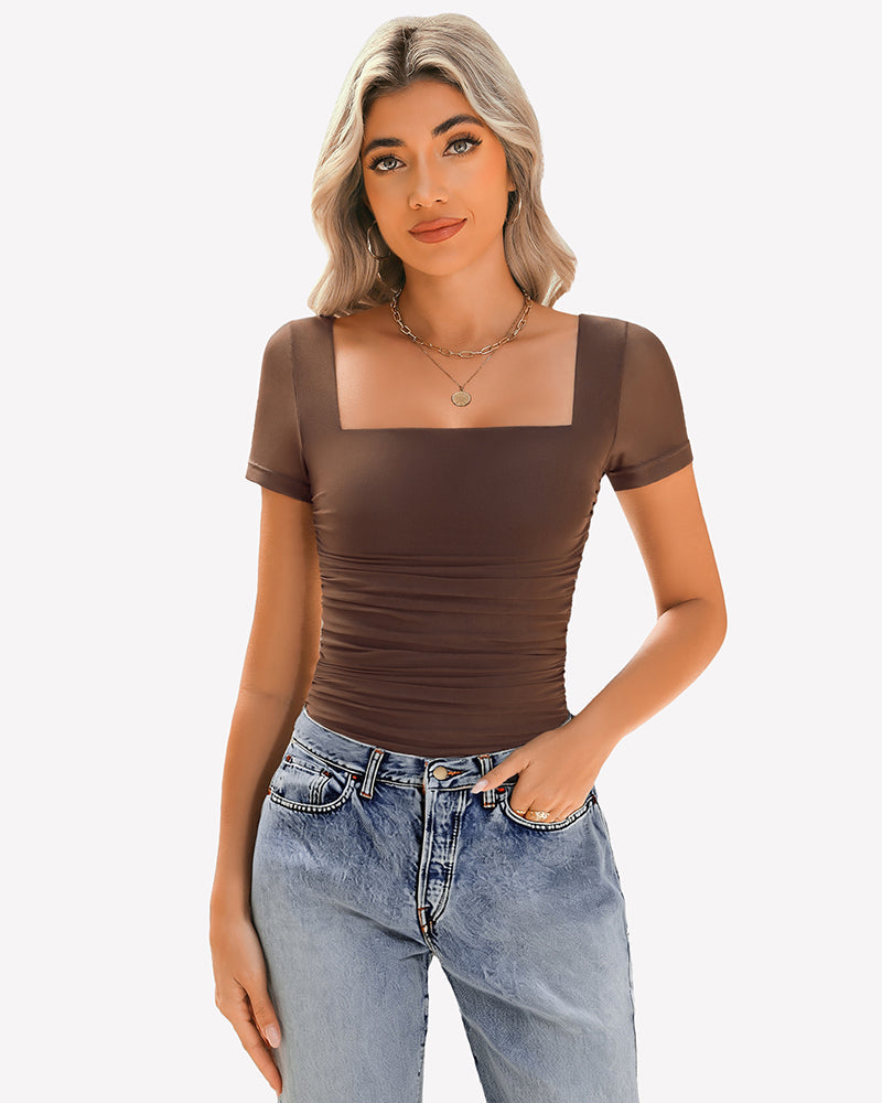 Sheer Mesh Short Sleeve Ruched Tops