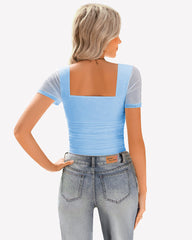 Sheer Mesh Short Sleeve Ruched Tops