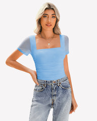 Sheer Mesh Short Sleeve Ruched Tops