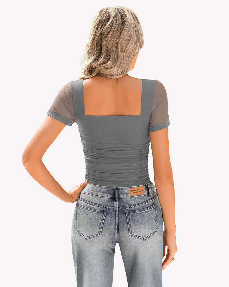 Sheer Mesh Short Sleeve Ruched Tops