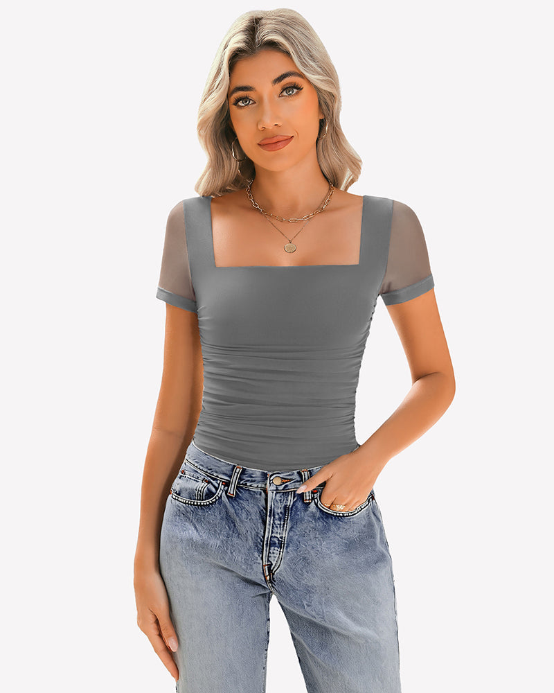 Sheer Mesh Short Sleeve Ruched Tops