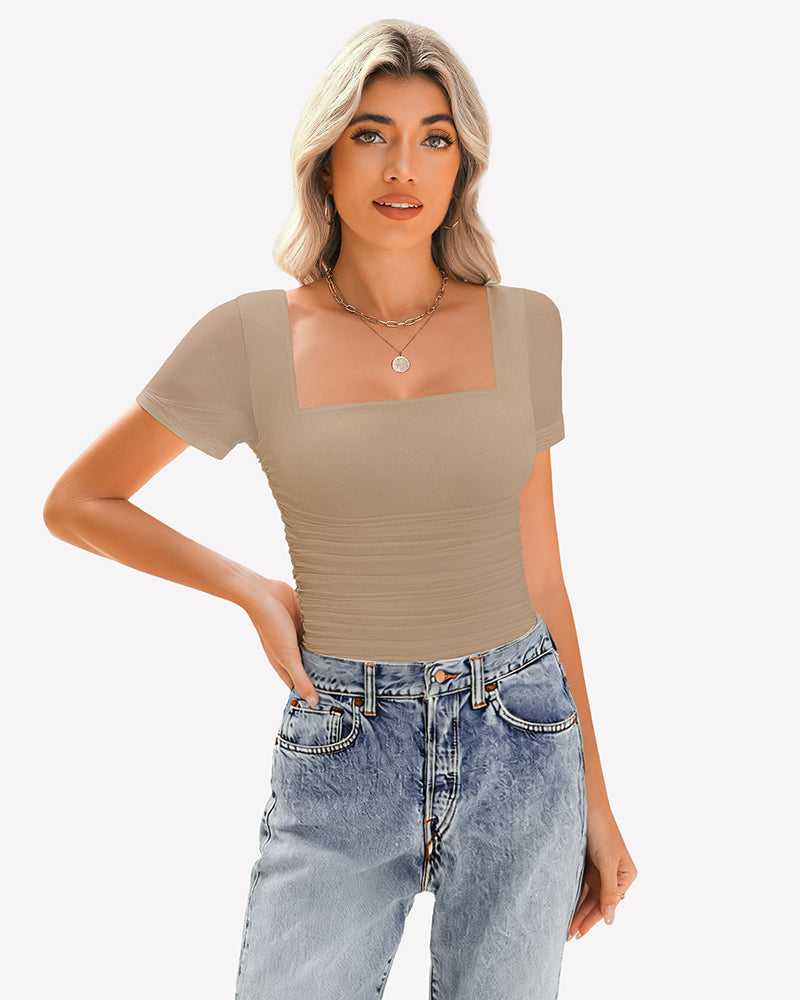 Sheer Mesh Short Sleeve Ruched Tops