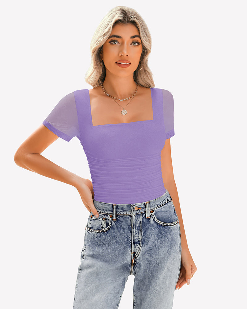 Sheer Mesh Short Sleeve Ruched Tops