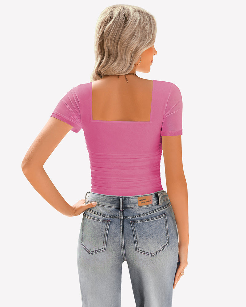 Sheer Mesh Short Sleeve Ruched Tops