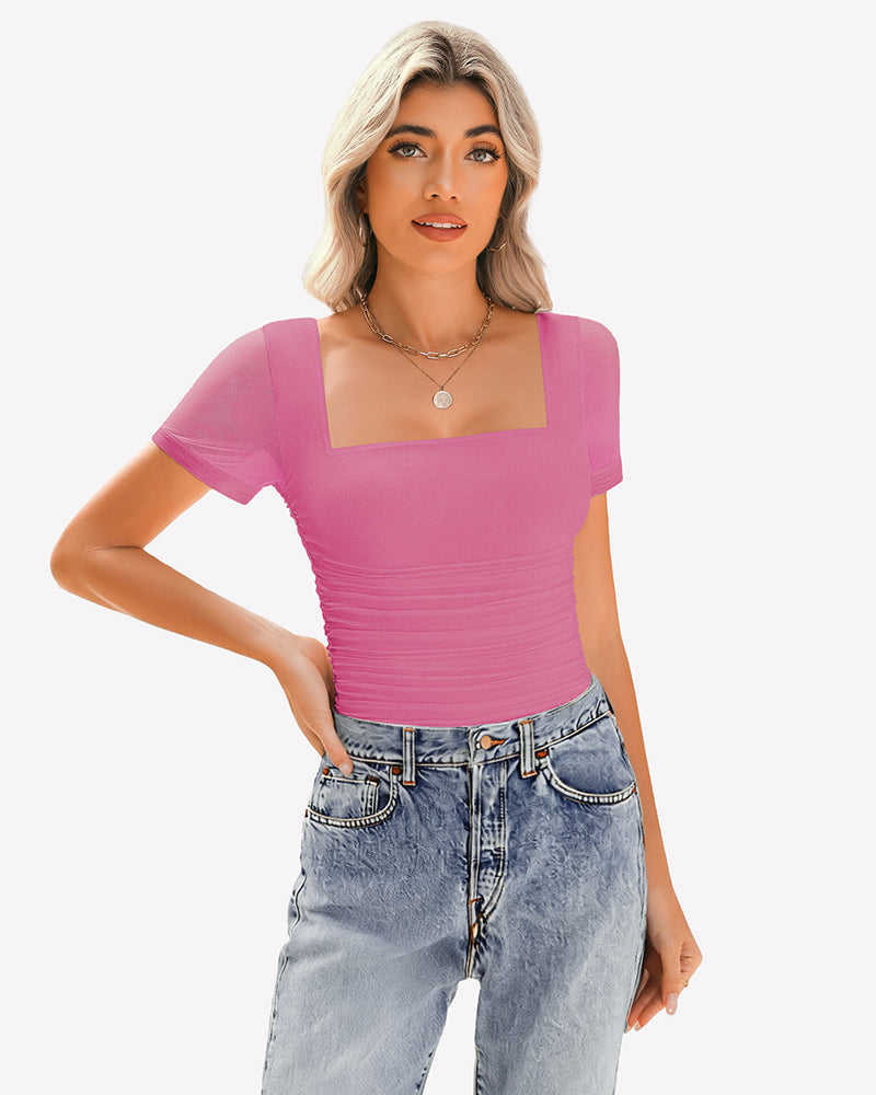 Sheer Mesh Short Sleeve Ruched Tops