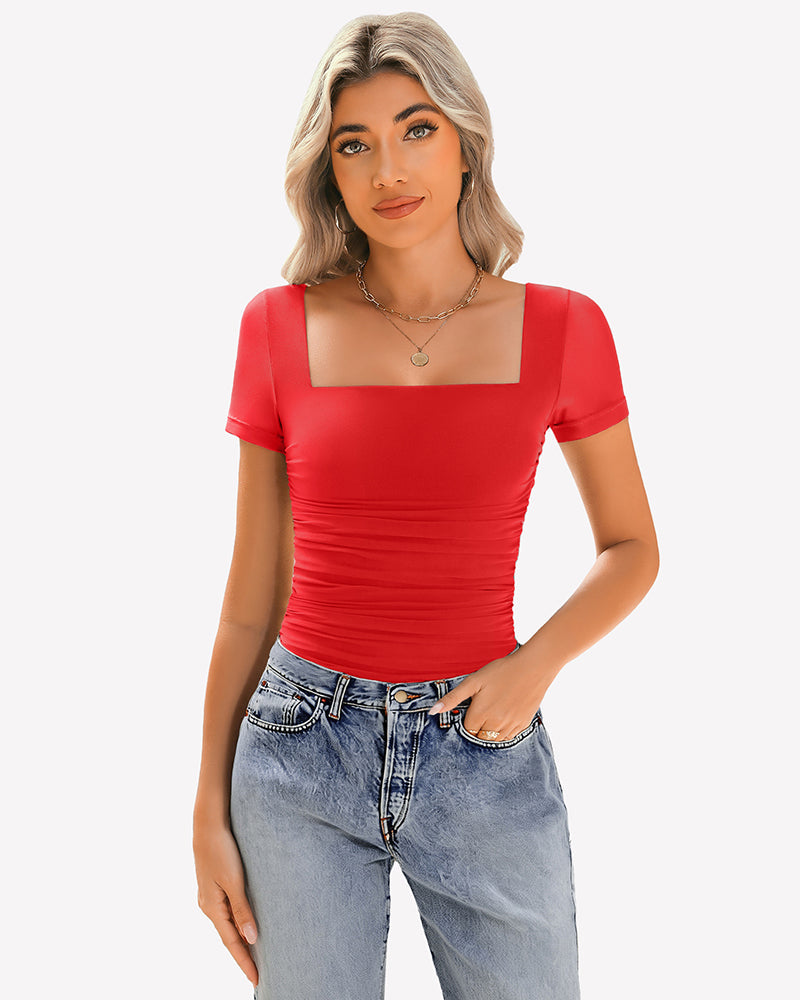 Sheer Mesh Short Sleeve Ruched Tops