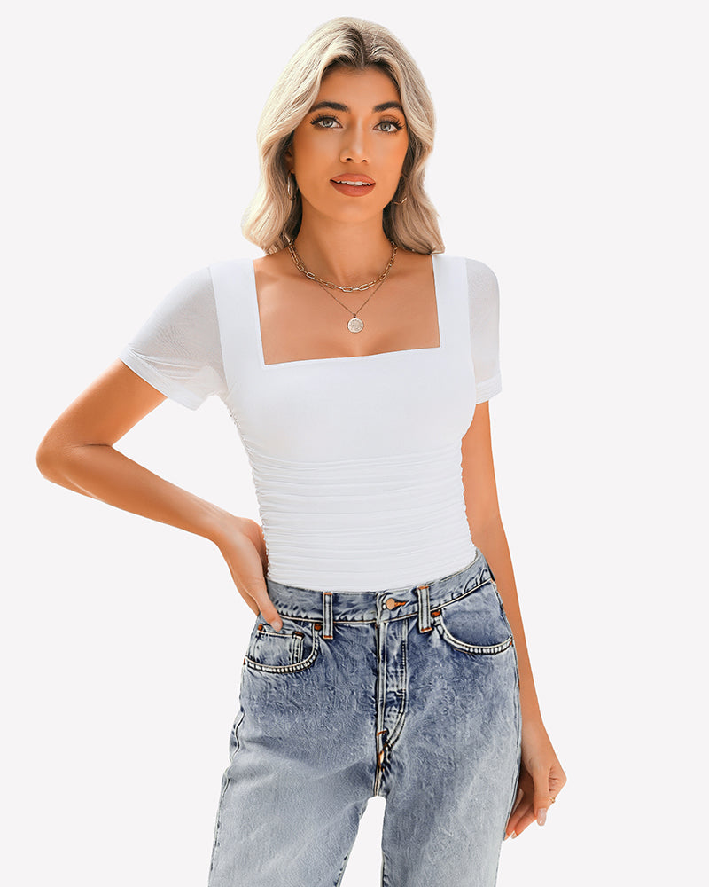 Sheer Mesh Short Sleeve Ruched Tops