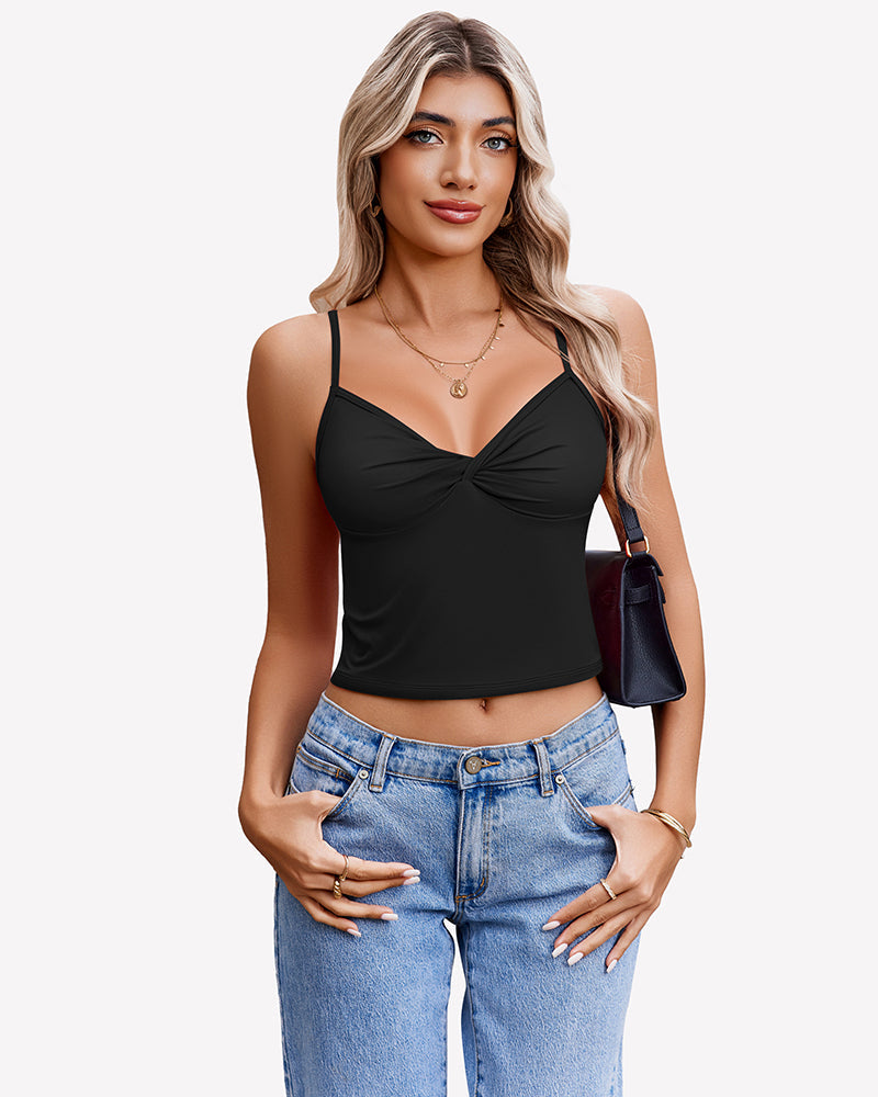 Twist Front V Neck Tank Top Spaghetti Strap Crop Tops