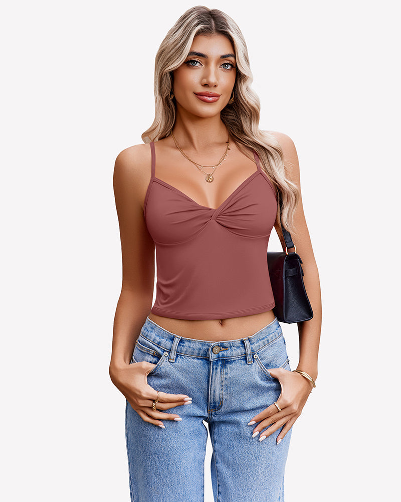 Twist Front V Neck Tank Top Spaghetti Strap Crop Tops