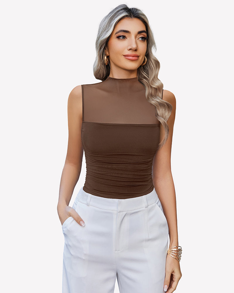 Mock Neck Mesh Bodysuit Ruched Tank Top