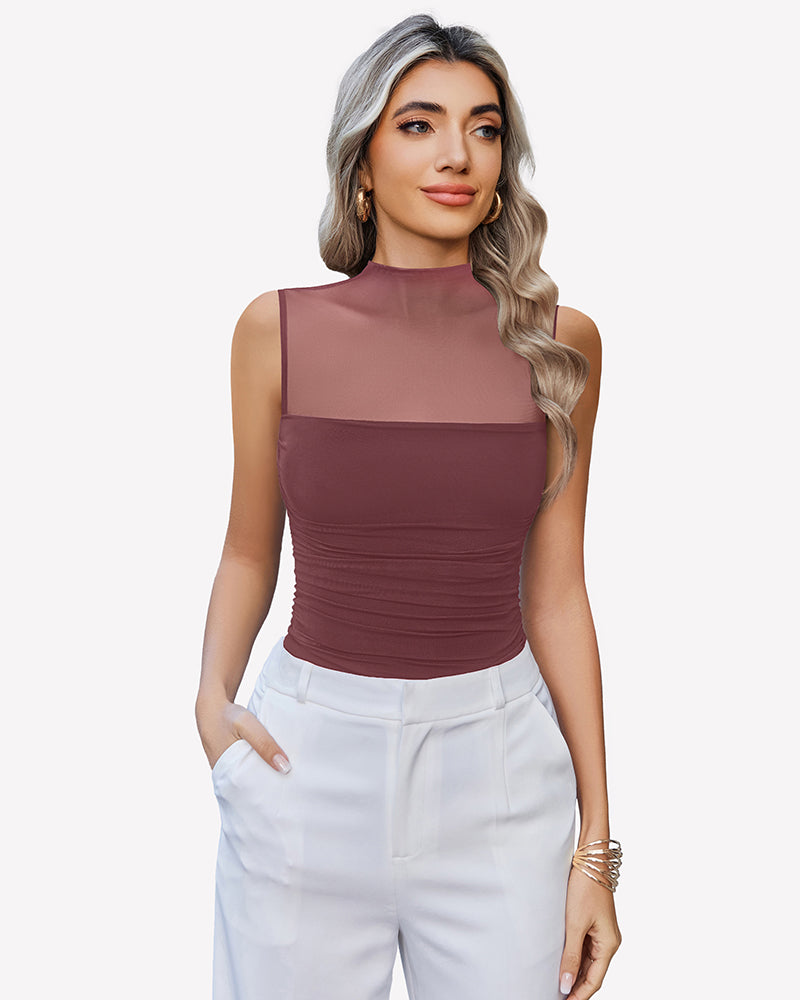Mock Neck Mesh Bodysuit Ruched Tank Top