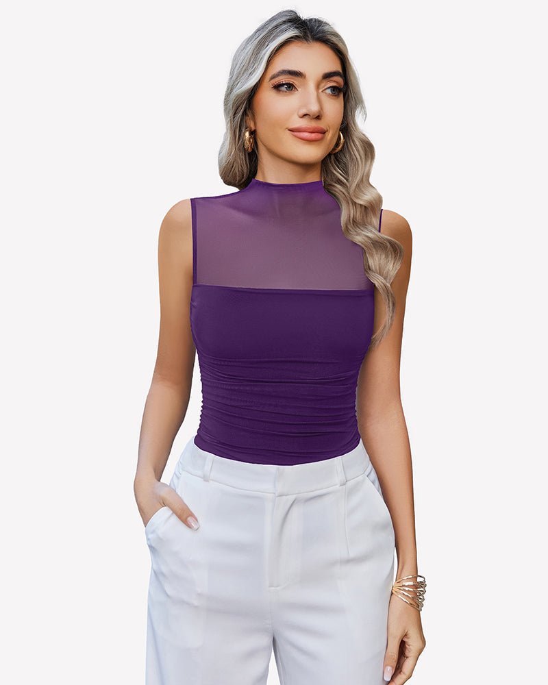 Mock Neck Mesh Bodysuit Ruched Tank Top