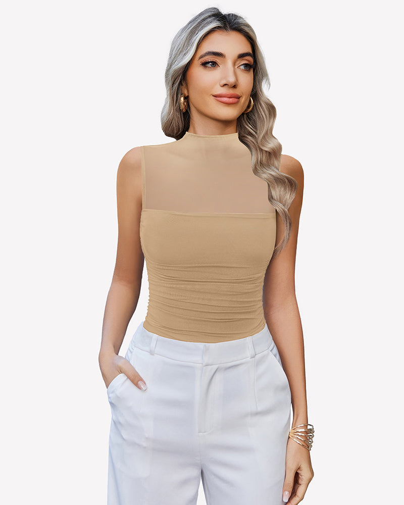 Mock Neck Mesh Bodysuit Ruched Tank Top