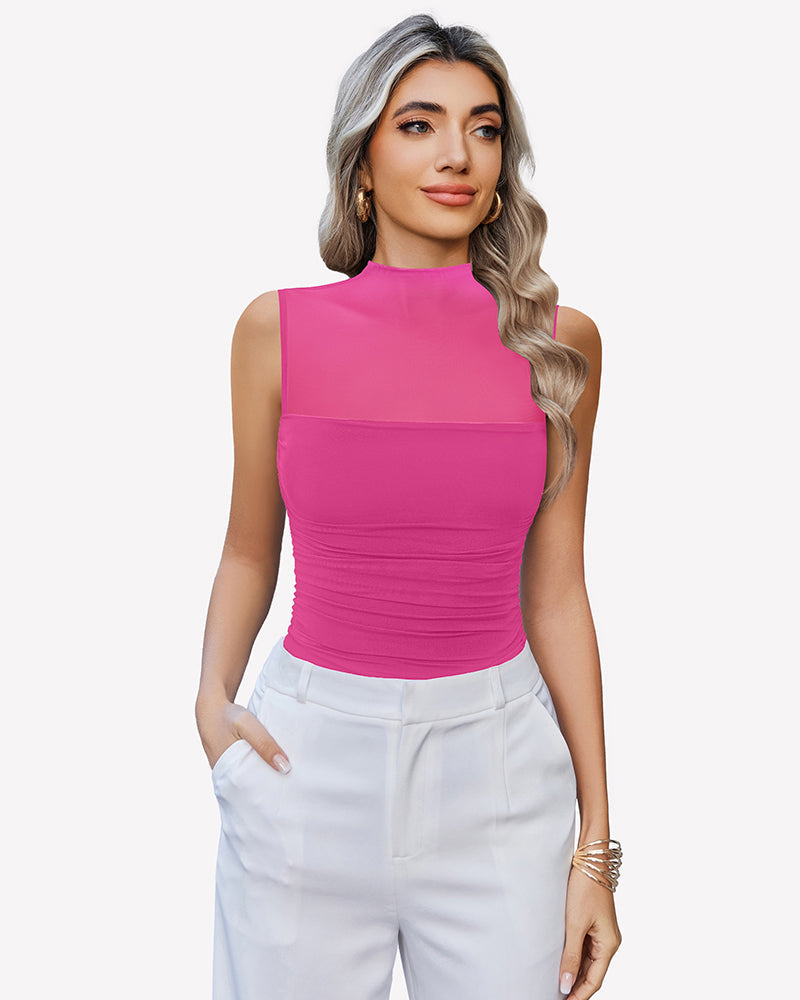 Mock Neck Mesh Bodysuit Ruched Tank Top