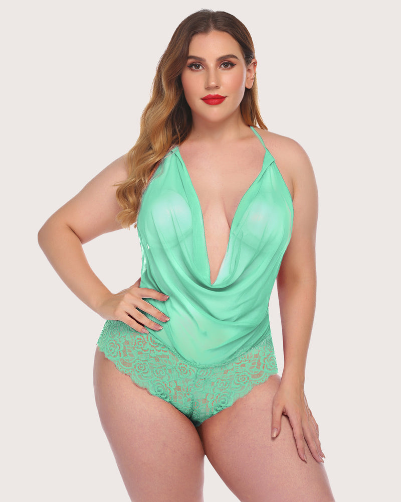 Sheer Lace Halter V Neck Bodysuit