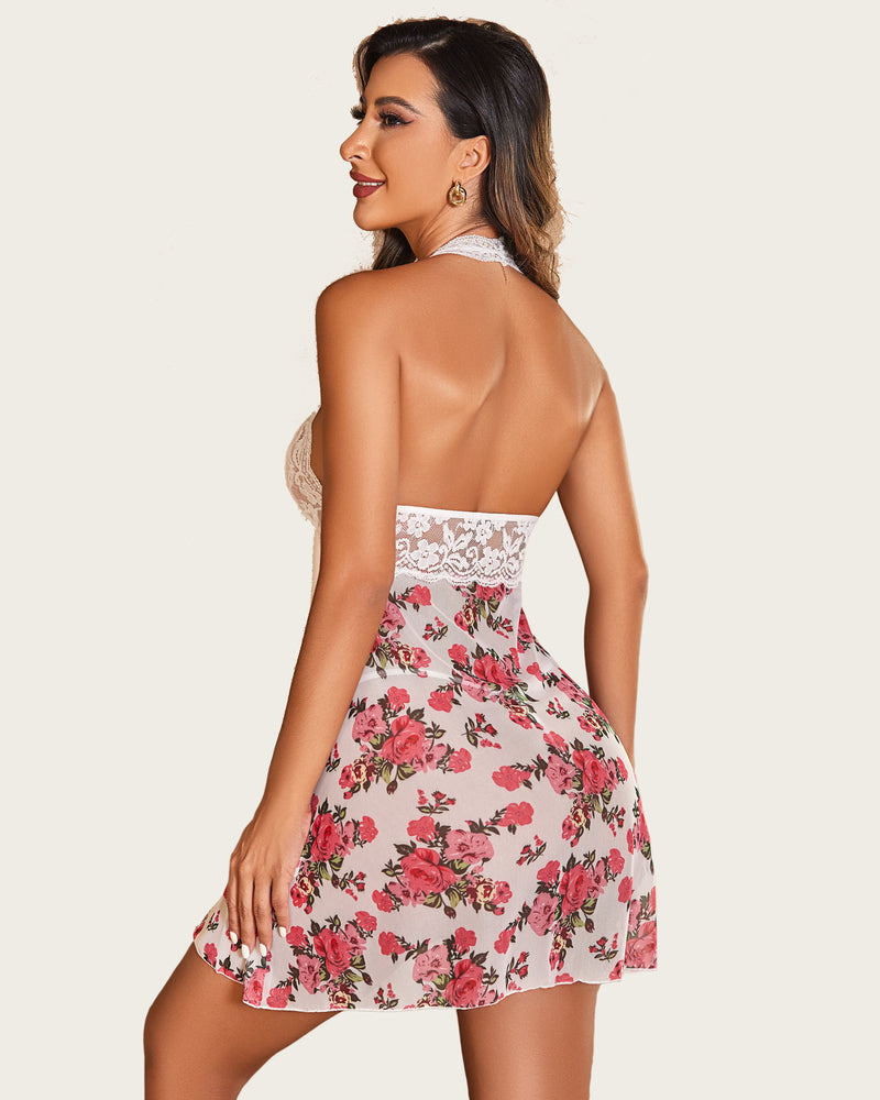 Halter Lace FPrint Babydoll Mesh Nightgown