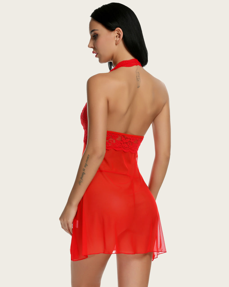 Halter Lace FPrint Babydoll Mesh Nightgown