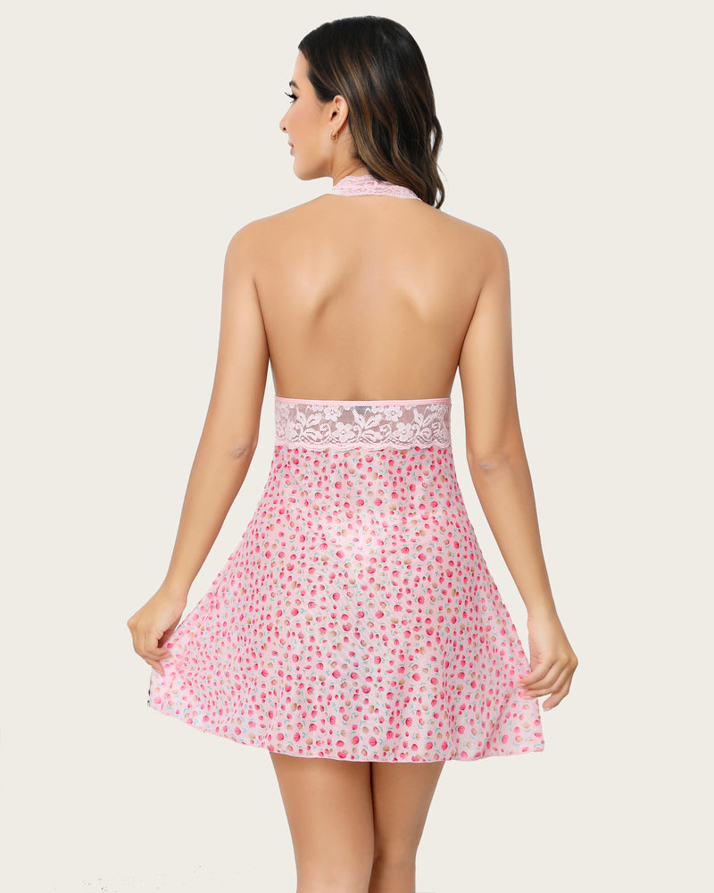 Halter Lace FPrint Babydoll Mesh Nightgown