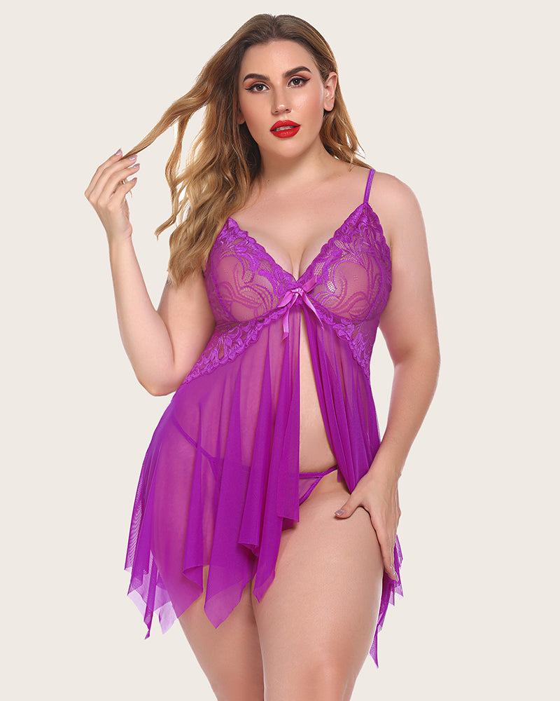 Plus Size Lingeries Lace Print Babydoll Outfits