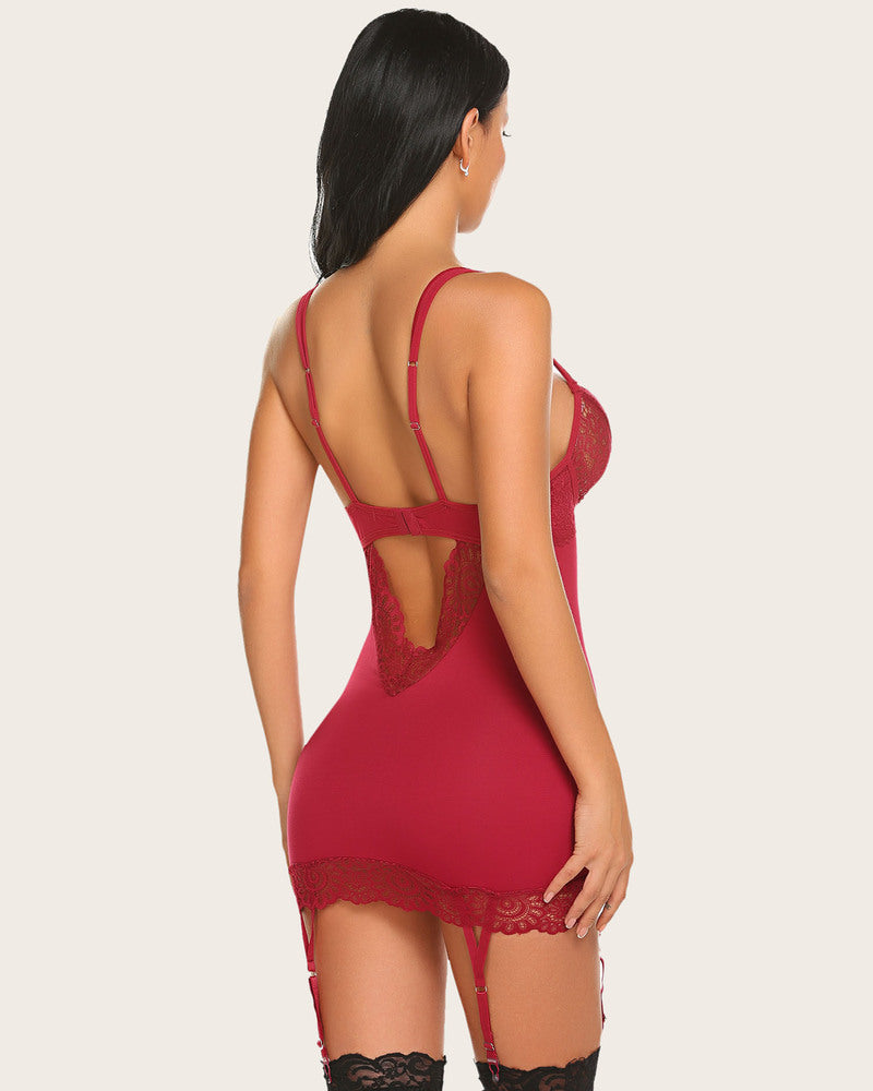 Lace Print FFull Slips Dress with Garter Belt