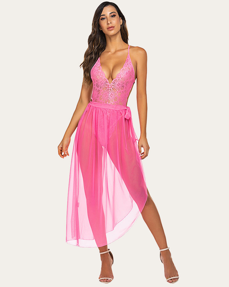 Deep V Lace Bodysuit & Mesh Skirt