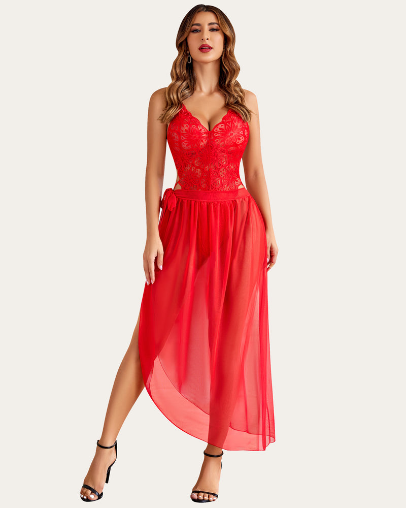 Deep V Lace Bodysuit & Mesh Skirt