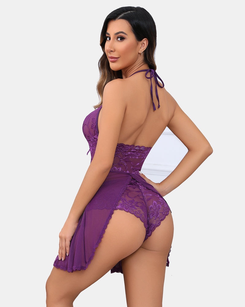 Lace FPrint Halter V Neck Dress