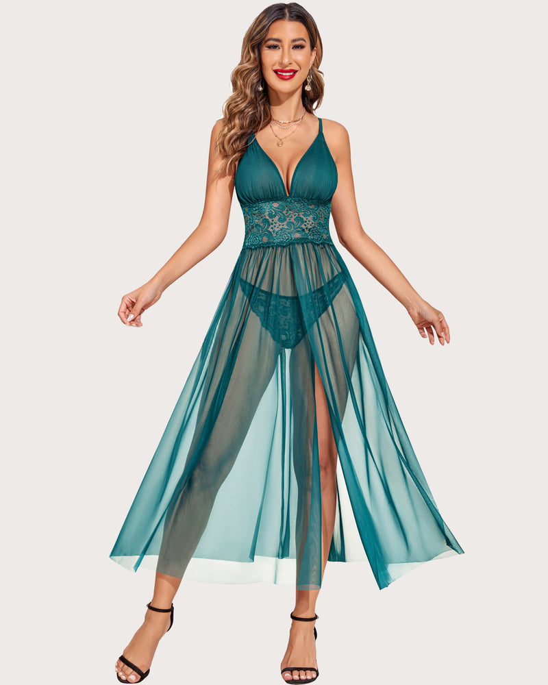 Sheer Mesh Lace V Neck Mesh Sheer Nightdress – Seuke