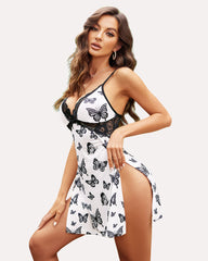 Butterfly Print Lace Side Slit Babydoll