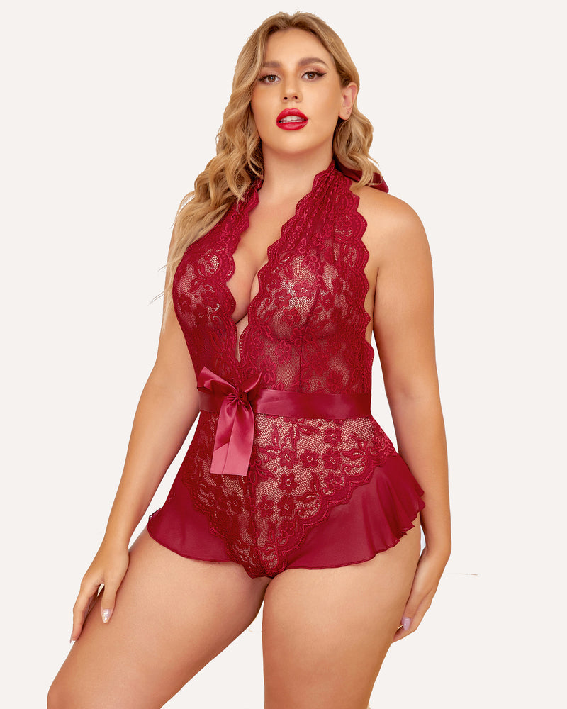 Plus Size Halter Lace Bodysuit