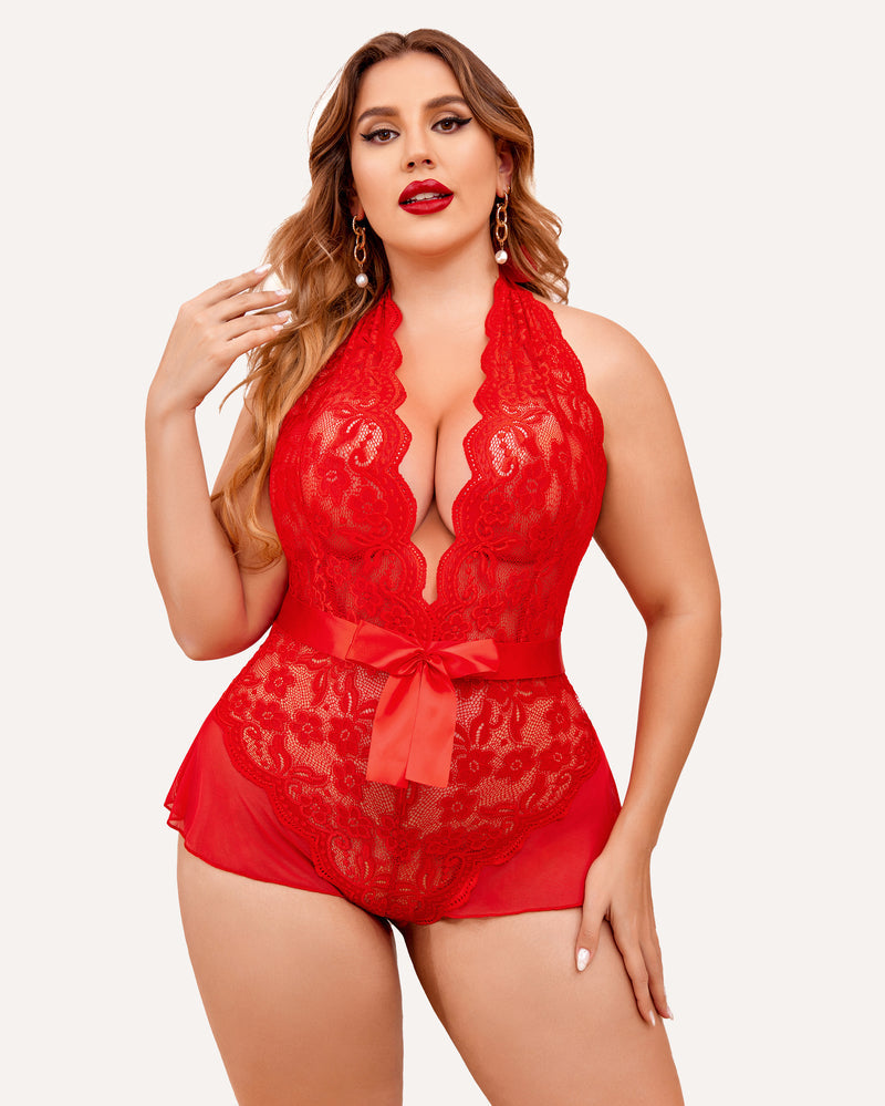 Plus Size Halter Lace Bodysuit
