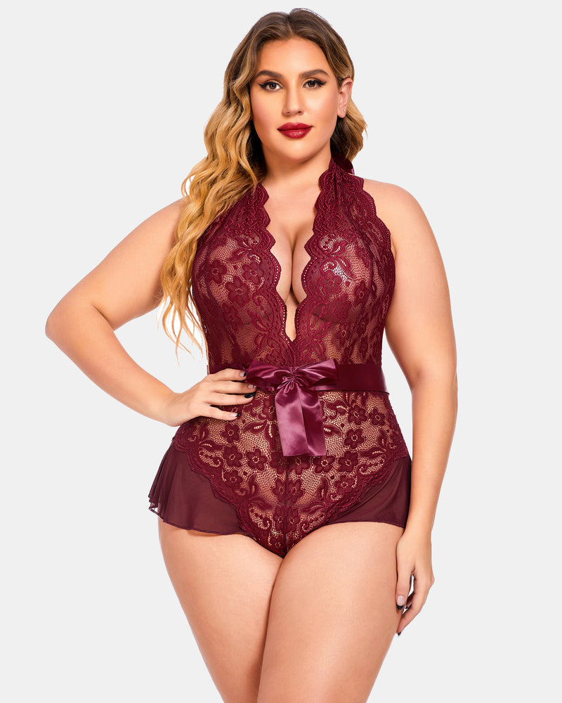 Plus Size Halter Lace Bodysuit