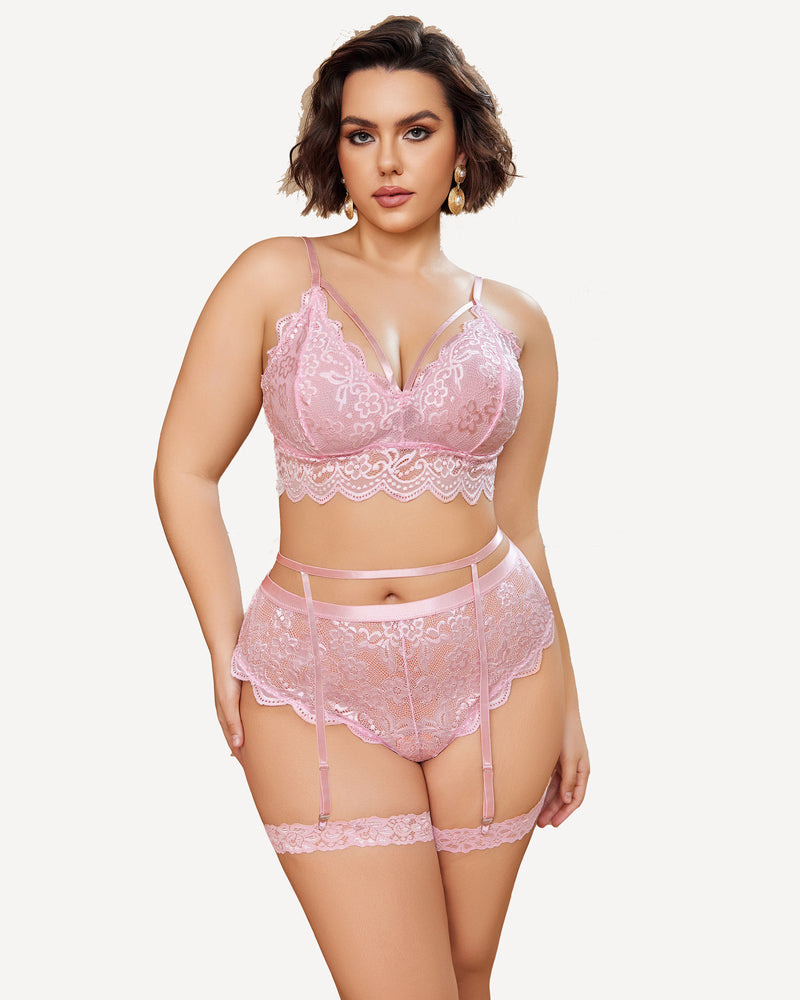 Plus Size Lace Trim Bra Panties Set