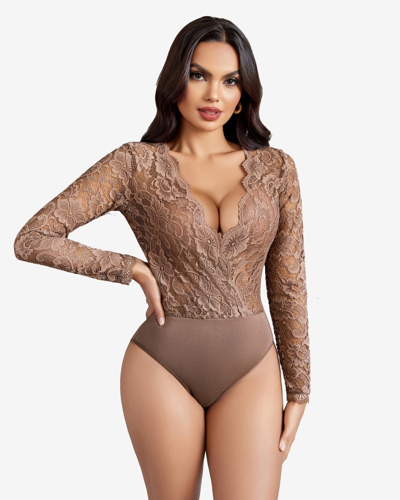 Deep V Snap Crotch Lace Bodysuit