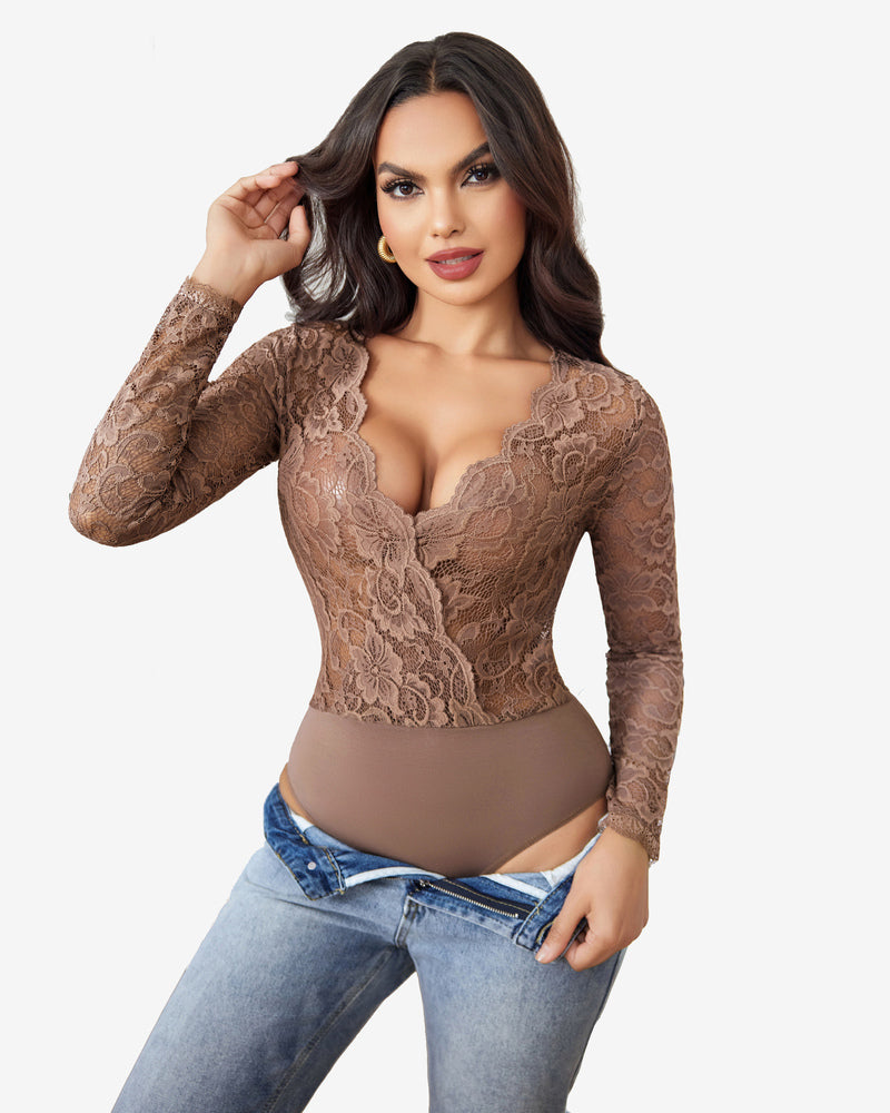Deep V Snap Crotch Lace Bodysuit