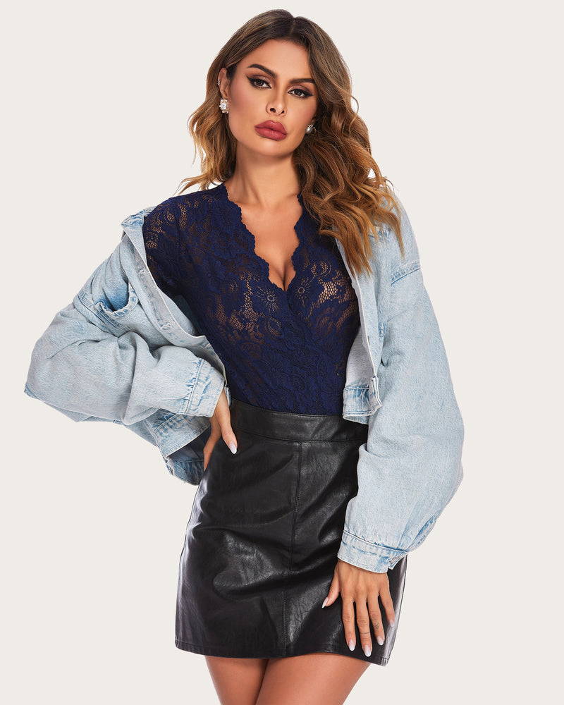 Deep V Snap Crotch Lace Bodysuit