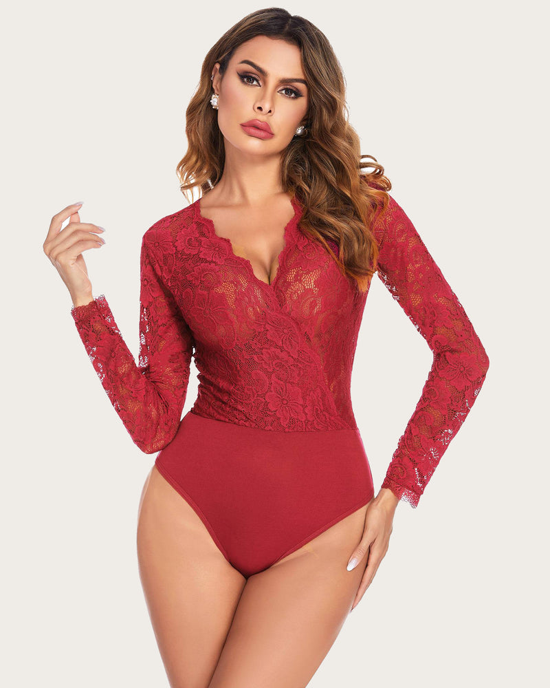 Deep V Snap Crotch Lace Bodysuit