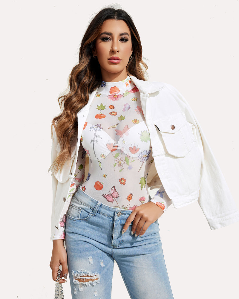 Long Sleeve FTurtleneck Sheer Bodysuit