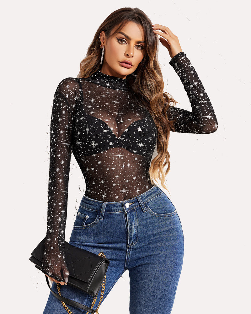 Long Sleeve FTurtleneck Sheer Bodysuit